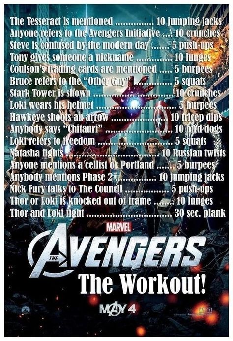 Tv Show Workouts, Movie Workouts, Tv Workouts, Superhero Workout, Avengers Movie, Funny Marvel Memes, Trening Fitness, Yoga Exercises, Dc Memes