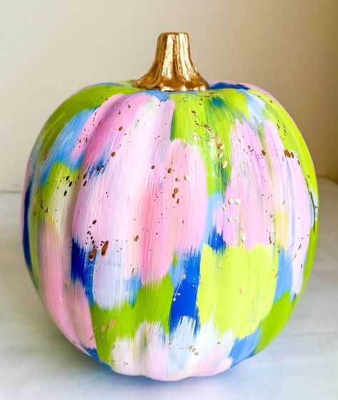 Add a pop of color to you space with this super cute and fun hand-painted pumpkin! Perfect for the fall or for all year around! The abstract look add to the uniqueness of each pumpkin since no two are alike! The pumpkins are 10"x10"x10"! 🌟 - Add personalization to your pumpkin with different color schemes! Such a fun way to bring color into any area! 🤩 -  Message me with any questions!! I'd love to help Poppy Pumpkin, Cute Painted Pumpkin Ideas, Colorful Pumpkins, Halloween Pumpkin Crafts, Creative Pumpkin Painting, Hand Painted Pumpkin, Fall Arts And Crafts, Pink Fall, Halloween Pumpkin Designs