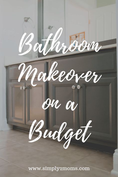 You don't want to miss this hack for painting cabinet doors! Get simple instructions for how to paint cabinets using Benjamin Moore's water-based alkyd paint. This budget-friendly bathroom makeover is easy enough to do in a weekend. Paint colors used are Kendall Charcoal and Horizon. #hallbath #guestbath #DIY #paintcabinets #simply2moms Gray Bathroom Cabinets Painted, Bathroom Wall And Cabinet Colors, Bathroom Update With Paint, Bathroom Cabinet Makeover Paint, Charcoal Bathroom Cabinets, Charcoal Grey Bathroom Cabinets, Best Paint For Bathroom Cabinets Vanities, Repainting Bathroom Cabinets, Best Paint For Bathroom Cabinets