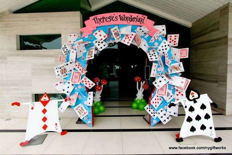 Alice in Wonderland Birthday Party Ideas | Photo 2 of 56 Down The Rabbit Hole Entrance, Alice In Wonderland Party Entrance, Alice In Wonderland Arch, Birthday Card Photo, Card Soldiers, Entrance Idea, School Gate, Wonderland Sweet 16, Alice In Wonderland Birthday Party