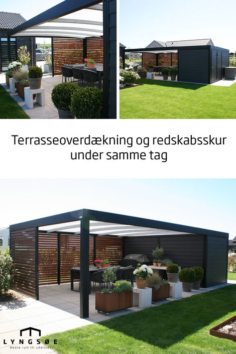 Multifunktionel overdækning i galvaniseret stål.  Få terrasseoverdækning og skur under samme tag som denne kunde.   Overdækningen er sorlakeret og beklædt med lodrette lameller og sort Cembrit.  Sammensæt din overdækning efter dine ønsker og behov til bl.a. design, størrelse og beklædning. A Design, Pergola, Design