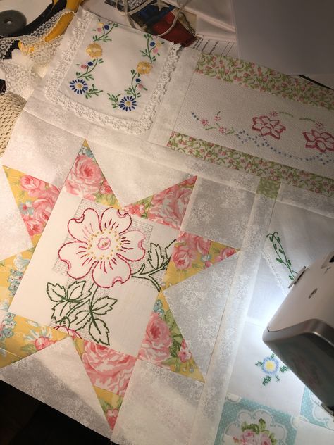 Let’s Make a Vintage Linens Quilt Together! Post #9 Patterns For Embroidery, Rhonda Dort, Vintage Handkerchiefs Crafts, Handkerchief Crafts, Vintage Quilts Patterns, Scrap Quilt Patterns, Embroidered Quilts, Patchwork Quilt Patterns, Embroidery Patterns Vintage