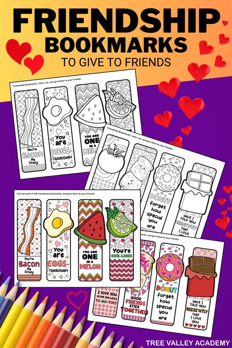 Friendship bookmarks to give to friends. 4 printable pages with 2 pages with 8 bookmarks in full color, and 2 pages in black and white to color. The food themed bookmarks have messages like: You're bacon me crazy; you are eggstraordinary; you are one in a melon; you're sub-lime; I love you from my head to-ma-toes; good friends stick together; donut forget how special you are; and have I told you reese'ntly that I love you. Friendship Day Gifts Diy Easy, Friendship Bookmarks Diy, Valentines Day Bookmarks Free Printable, Friendship Coloring Pages Free Printable, Friendship Day Cards For Kids, Friendship Party Ideas Kids, Friendship Crafts For Teens, Friendship Arts And Crafts, Friendship Cards For Kids