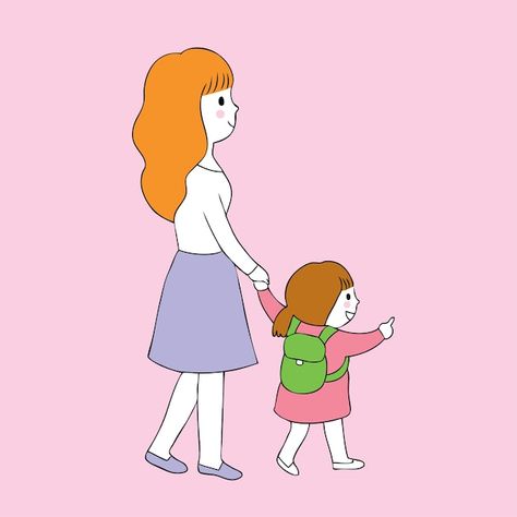 Cartoon cute mother and daughter walking... | Premium Vector #Freepik #vector #kids-walking #school-friends #preschool #kids-cartoon Mother Daighter, Mother Gif, Mother And Daughter Drawing, Hug Cartoon, Premium Vector Cartoon, School Painting, Mother Art, Cute Couple Drawings, Vector Cartoon