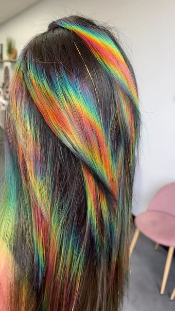 Bonito, Prism Color Hair, Oil Slick Rainbow Hair, Rainbow Shine Line Hair, Prism Peekaboo Hair, Prism Highlights Hair, Holo Hair Color, Shine Line Hair Color, Holographic Hair Peekaboo