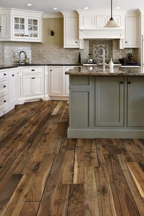 We are building a new home and trying to decide between engineered hardwood or vinyl plank wood-look flooring. We have two kids and are wanting durability but want it too look nice too. Model Dapur, Wood Floor Kitchen, Kabinet Dapur, Classic Kitchen, French Country Kitchen, Mediterranean Homes, Modern Farmhouse Kitchens, Country Design, Trendy Kitchen