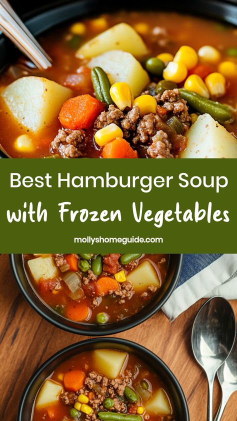 Looking for a cozy and hearty meal idea? Try making hamburger soup with frozen vegetables! This recipe is quick, simple, and perfect for those busy weeknights. Packed with flavors and nutrient-rich veggies, this soup will surely warm you up from the inside out. It's a versatile dish that you can easily customize based on your preferences. Whether you're cooking for picky eaters or trying to sneak in more vegetables into your diet, hamburger soup with frozen vegetables is a delicious choice. Taste Of Home Vegetable Soup, Ww Hamburger Vegetable Soup, Burger Vegetable Soup, Vegetable Soup With Ground Beef Worcestershire Sauce, Frozen Veg Soup, Hamburger Veggie Soup Recipes, Vegetable Burger Soup, Easy Homemade Vegetable Beef Soup, Vegetable Beef Soup With Frozen Veggies