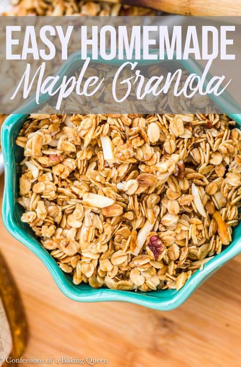 Oats, Pecans, Maple, and Almonds make this Homemade Maple Granola nice and crunchy! With a few staple ingredients you can have a large batch of from scratch granola, way better than store bought! Perfect for breakfast or a snack! #homemadegranola #maplegranolarecipe #easygranolarecipe #breakfast Maple Walnut Granola Recipe, Cheap Granola Recipe, Homemade Maple Granola, Granola Recipe With Maple Syrup, Maple Granola Recipe, The Very Best Granola, Maple Granola, Easy Granola Recipe, Low Fat Snacks