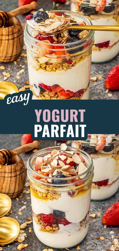 Start your day with this easy and delicious Yogurt Parfait! Layered with creamy yogurt, fresh berries, and crunchy granola, it's the perfect breakfast treat. 🍓🥣 #BreakfastGoals #HealthyEats Healthy Parfait Recipes, Easy Parfait, Strawberry Yogurt Parfait, Yogurt Parfait Recipe, Granola Parfait, Creamy Yogurt, Chocolate Yogurt, Parfait Breakfast, Yogurt Breakfast