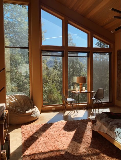 Wooden Aesthetic House, Big Window Home, All Window Bedroom, New Homeowner Aesthetic, Oregon Home Aesthetic, Calm House Aesthetic, Bedroom Skylight Ideas, Natural Lighting Home, Nature House Aesthetic