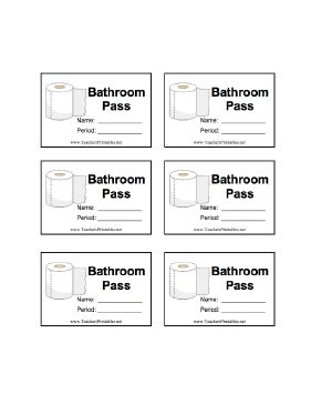 A sheet of six illustrated bathroom passes with room for the student's name and class period. Free to download and print School Nurse Office Ideas, Nurse Office Ideas, Bathroom Pass, Dr Seuss Shirts, Middle School Classroom Management, Teach English To Kids, School Bathroom, Spanish Lesson Plans, Systems Of Equations