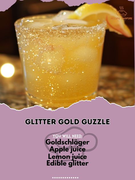 ✨ Sip on the sparkle with Glitter Gold Guzzle! A glittering delight in every glass! ✨🍸 #GlitterGoldGuzzle #SparklingCocktails Glitter Gold Guzzle Ingredients: Goldschläger (1.5 oz) Apple juice (2 oz) Lemon juice (0.5 oz) Edible glitter (a pinch) Ice Lemon twist (for garnish) Instructions: Shake Goldschläger, apple juice, lemon juice, and ice. Strain into a glass with ice. Add a pinch of edible glitter. Garnish with a lemon twist. 🌟 Shine bright with each sip of this dazzling cocktail! Per... Drinks With Edible Glitter, Goldschlager Drinks, Drink Glitter, Lemon Twist, Yummy Alcoholic Drinks, Edible Glitter, Glitter Gold, Holiday Drinks, Apple Juice