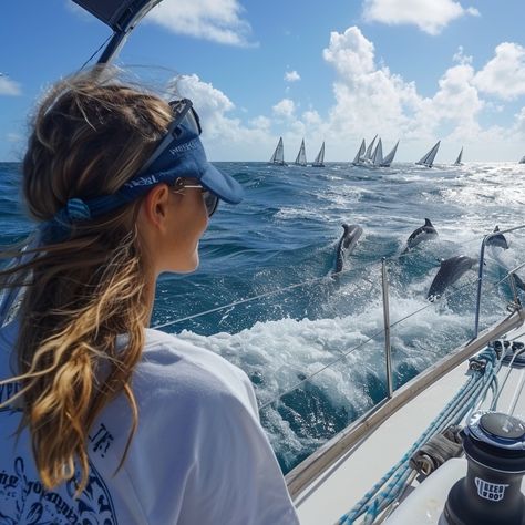 Aboard a graceful yacht, a woman stands by the stern, her gaze fixed on the azure sea. It's a splendid day with the sun beaming down from the heights of a serene sky, illuminating the sails of the boats in the distance. A group of playful dolphins accompanies her journey, leaping joyfully above the frothy waves created by the yacht's steady traverse. The scene captures the essence of maritime adventures—a harmonious blend of nature's creatures and the thrill of sailing. Ship Life, Money Party, Dolphin Images, Women Sailing, Sea Sports, Sail Life, Fearless Women, The Heights, Coastal Chic