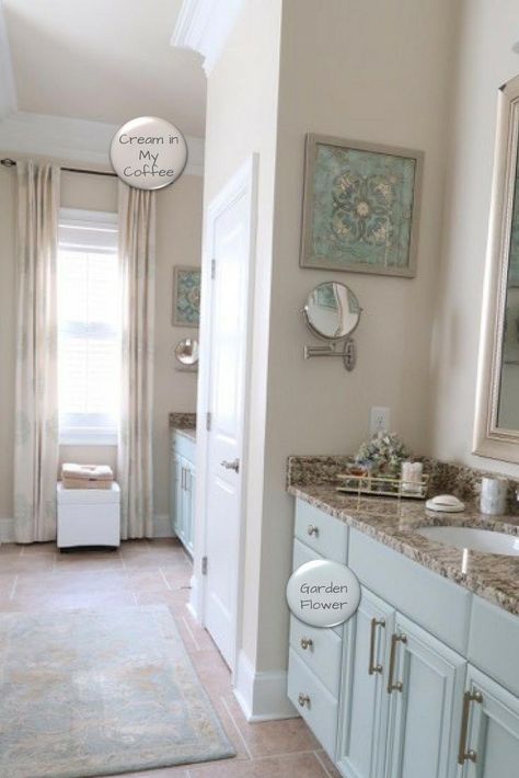 Create a serene and calming environment with these tried and true paint colors. Follow along on this home tour, that includes this master bathroom, where you can see where and how each one it used. #hometour #serenecolors #coastalcolors #paintcolors #porchdaydreamer #bathroomcolors Bathroom Paint Colors Valspar, Paint Colors Valspar, French Country Bathroom, Bathroom Decor Colors, Bathroom Paint, Bathroom Paint Colors, Large Bathrooms, My Coffee, Bathroom Colors