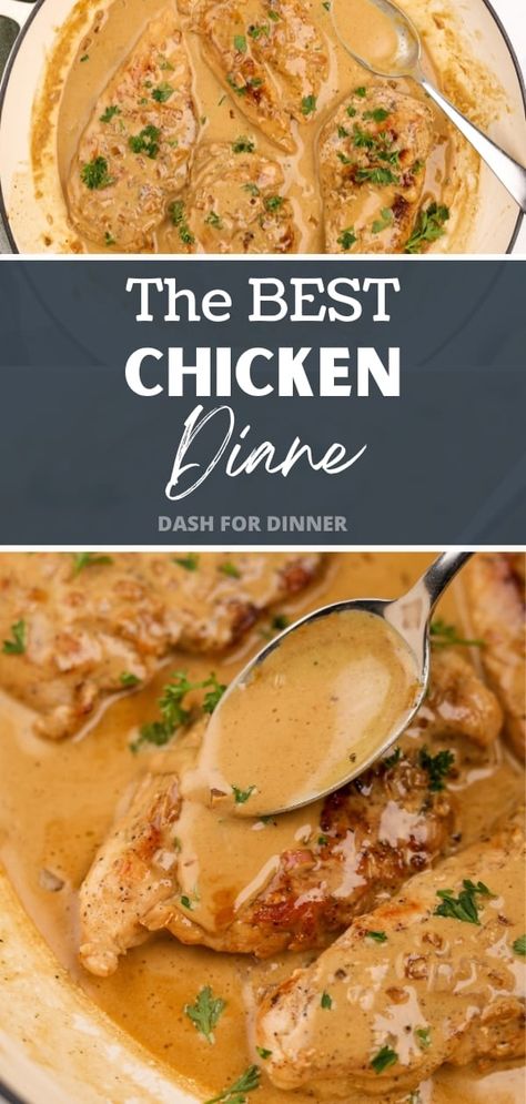 If you're looking for easy dinner recipes that are easy enough for weeknights, but impressive enough for guests, you need this classic recipe for Chicken Diane. This chicken breast recipe features tender chicken breasts enveloped in a creamy pan sauce, then served with your favorite side dishes. Low carb, gluten free, and ready in less than 25 minutes! Chicken Hollandaise Recipes, Quick Weeknight Dinners Chicken, Creamy Chicken Diane, Chicken Loin Recipes, Classic Chicken Recipes, Chicken With Pan Sauce Recipes, Cut Up Chicken Recipes Dinners, Chicken Diane Recipe Simple, Chicken Dish Recipes Easy Dinners