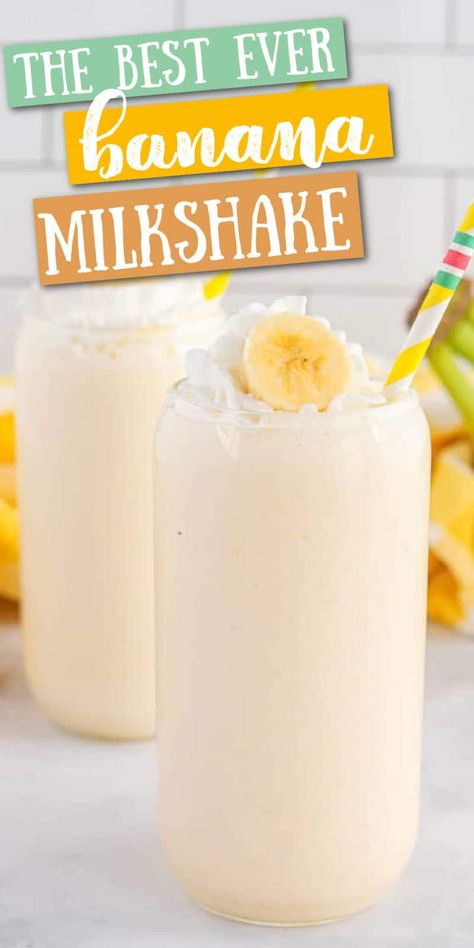 This easy to make Homemade Banana Milkshake is made with vanilla ice cream and fresh bananas. It tastes great and can be made in a matter of minutes for a sweet treat or quick dessert. Essen, Milkshake Recipe Banana, Banana Milkshake Recipe Healthy, Homemade Banana Milkshake, How To Make Banana Milkshake, Banana Milk Shake Recipes, Milkshake Machine Recipes, Milkshake Recipe Easy No Ice Cream, Banana Shake Recipe Milkshakes