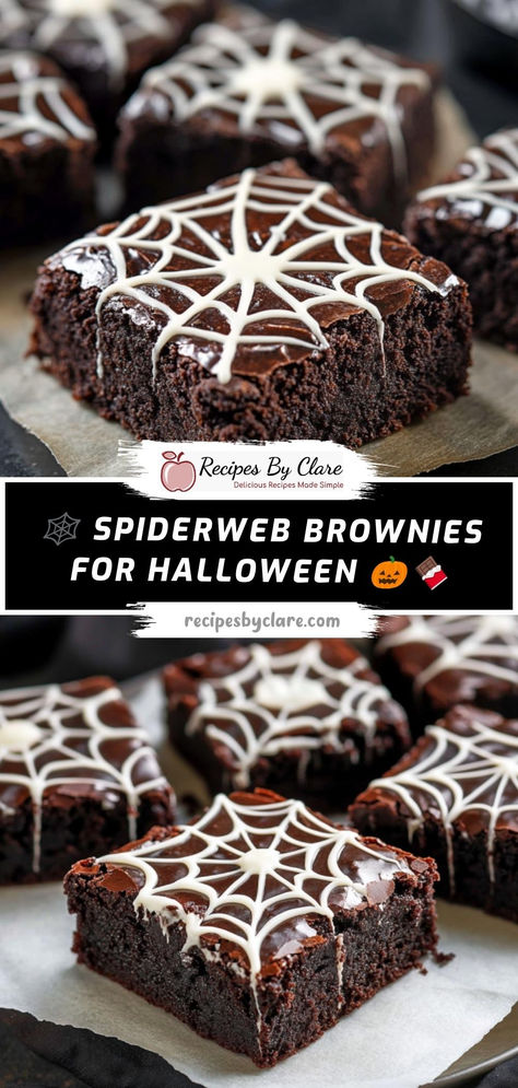 Rich, gooey brownies topped with a spooky spiderweb made of white chocolate—perfect for Halloween gatherings!  Ingredients:  ½ cup unsalted butter 1 cup granulated sugar ⅓ cup unsweetened cocoa powder ¼ cup white chocolate chips 1 tsp vegetable oil  Deliciously fudgy brownies with a fun spiderweb decoration, ideal for adding a spooky touch to your Halloween dessert table! Halloween Desserts Brownies, Brownie Recipes Halloween, Halloween Brownie Recipes, Halloween Brownies Spooky, Halloween Brownies Ideas, Spiderweb Brownies, Spider Brownies, Spider Web Brownies, Brownies For Halloween