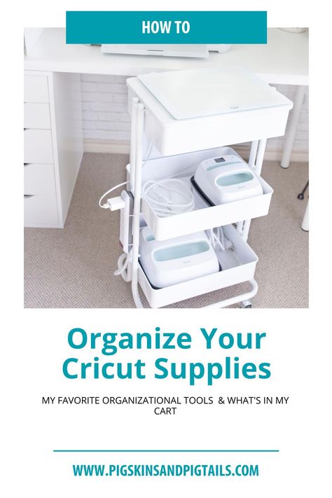 Organize and store all of your Cricut supplies in a rolling cart. See more ideas for how to organize your supplies. Cricut Cart, Vinyl Craft Projects, Fun Diy Craft Projects, Organization Cart, Diy Screen Printing, Cricut Supplies, Screen Printing Techniques, Rolling Cart, Screen Printing Shirts