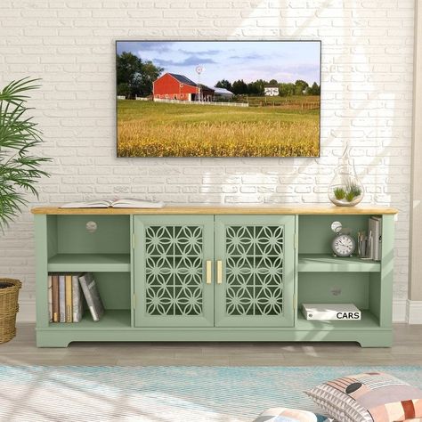 Modern Retro Tv Stand, Tv Cabinet Aesthetic, Boho Tv Set Up, Vinyl Tv Stand, Turquoise Tv Stand, Flip Tv Stand, Tv Dtand, Green And Wood Home Decor, Tv Stand Colorful