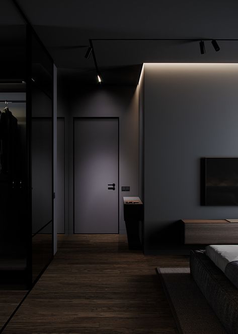 Moody Home Decor Dark Interiors, Dark Theme Apartment, Dark Minimalist Interior Design, Dark Minimalist Home Decor, Dark Minimalist Interior, Dark Minimalist Home, Dark Minimalist Living Room, House For Big Family, Minimalist Bedroom Dark