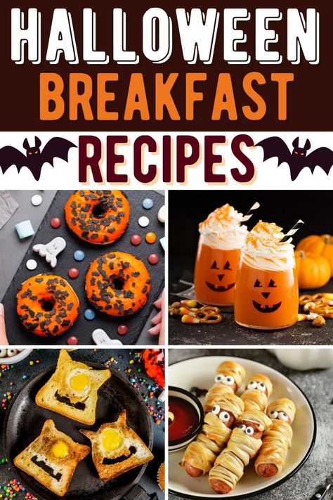 Halloween Party Food Breakfast, Halloween Food Ideas Breakfast, Halloween Themed Brunch Food, Breakfast Halloween Ideas, Halloween Theme Breakfast Ideas, Breakfast Ideas For Halloween, Halloween Morning Breakfast, Halloween Breakfast Recipes, Halloween Inspired Breakfast