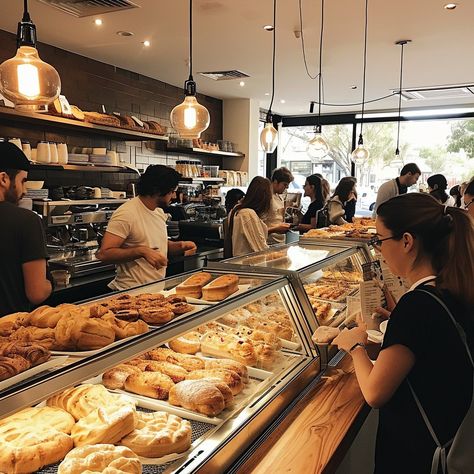 "Bustling #BakeryScene: #Customers queueing at a #localbakery, selecting from an #array of freshly baked #goods and #deliciouspastries.⬇️ #Download and 📝 #Prompt 👉 https://stockcake.com/i/bustling-bakery-scene_150295_19969" Bakery Shop Interior, Modern Bakery, Dream Cafe, Bakery Interior, Local Bakery, Glass Display Case, Birthday Shoot, Bakery Design, Scene Image