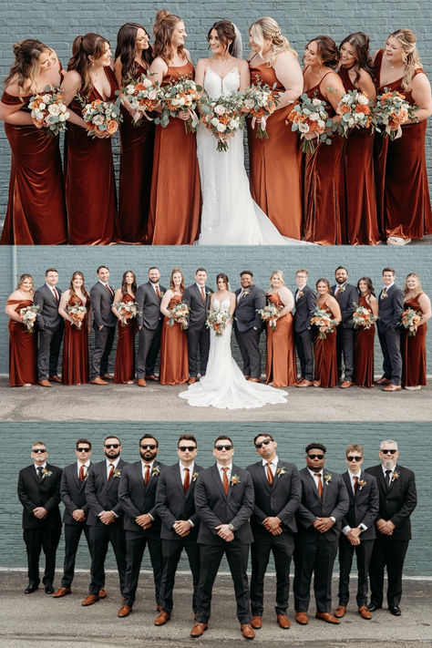 Fall Wedding Color Bridal Party, Fall Bridesmaids And Groomsmen, Burgundy And Rust Wedding Party, Bridesmaid Dresses Rusty Orange, Terracotta Maroon Wedding, Fall Wedding Colors Gray Suits, Rust Wedding Color Bridesmaid Dress, Sage Green And Terracotta Bridal Party, October Wedding Ideas Outdoor Bridesmaid Dresses