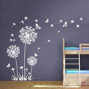 Dandelion Wall Mural, Dandelion Wall Painting, Dark Wall Decor Bedroom, Dandelion Bedroom Ideas, Butterfly Wall Decals Bedroom, Stencil Designs Wall Living Room, Giant Dandelion, Butterfly Wall Mural, Bedroom Decor White