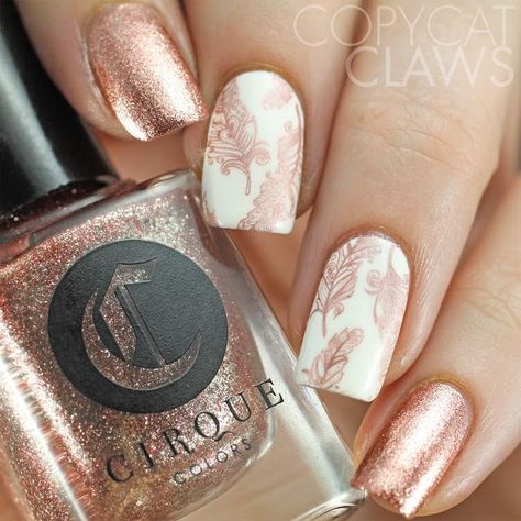 Cirque Halcyon. The stamped nails are Color Club French Tip stamped with BM-S308 and Essie Penny Talk | Copycat Claws Nagel Stamping, Feather Nails, Gold Trend, Cirque Colors, Rose Gold Nails, Nail Stamping Plates, Stamping Nail Art, Color Club, Nail Arts