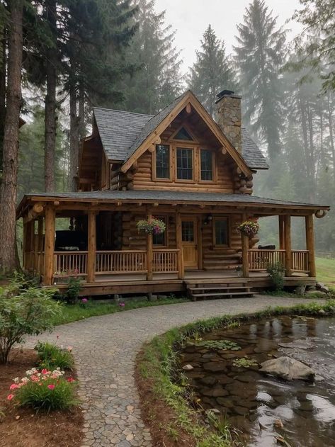 Small Mountain Homes Cottages, Small Cabin Exterior, Log Cabin Front Porch, Log Cabins Exterior, Canadian Cabin, Log Cabin Homes Exterior, House Design Interior, Cabin Style Homes, House Cute