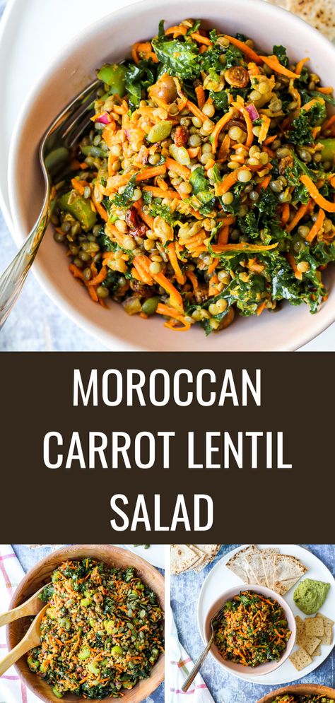 This is a wholesome, healthy, flavourful salad recipe. It's the perfect lunchtime salad, or serve it as a side at dinner. Made with lentils, carrots, herbs, nuts, olives, and raisins with a Moroccan-spiced dressing, it's so tasty! Carrot Lentil Salad, Moroccan Lentil, Salad Skewers, Moroccan Carrot, Moroccan Carrots, Lentil Salad Recipes, Salad Vegan, Best Salad Recipes, Carrot Salad