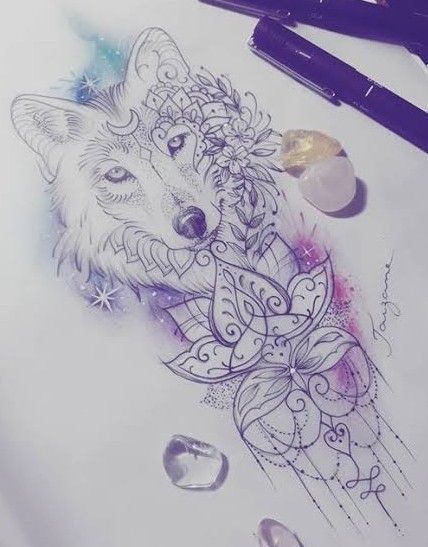 Wolf Calf Tattoos Women, Wolf And Lotus Flower Tattoo, Wolf Queen Tattoo, Wolf Leg Tattoos Women, Wolf Tattoo For Women Leg, Wolf Tattoo Ideas For Women Thigh Piece, Wolf Tattoo For Women Half Sleeves, Wolf Thigh Tattoo For Women, Dream Catcher Sleeve Tattoo For Women