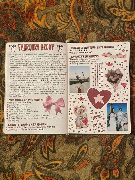 February Scrapbook Page, Cute Love Journal Ideas, Month Scrapbook Ideas, Girly Journal Aesthetic, Current Obsessions Journal Page, Scrapbook Journal Ideas Aesthetic, February Aesthetic Month, Journal Cover Decoration, February Journal Ideas