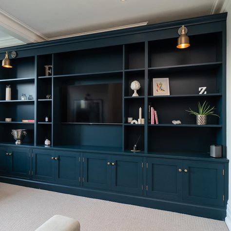 Navy Blue Bookcase, Built In Entertainment Unit, Home Office Built Ins With Desk, Ikea Hack Bookcase, House Wilson, Built In Tv Unit, House And Wilson, Blue Bookcase, Home Office Built Ins