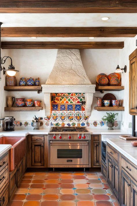 Warm Spanish style kitchen with rustic wooden beams, colorful tiles, and vibrant decor