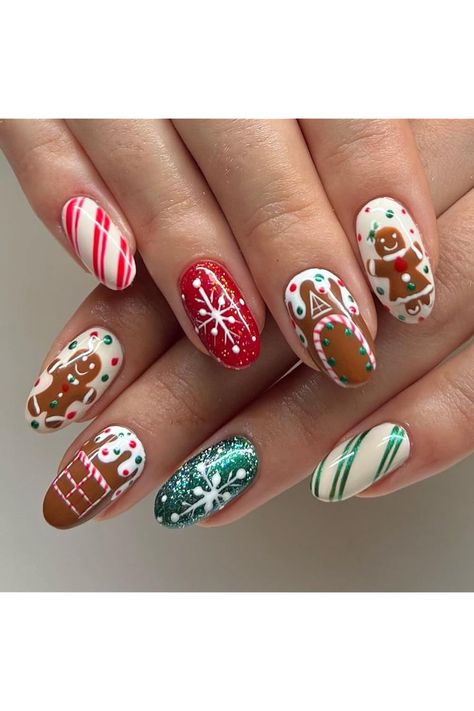 24Pcs Christmas Press on Nails Almond Fake Nails Gingerbread Man False Nails with Stripe Snowflake Design Full Cover Medium Glossy Xmas Nails Winter Acrylic Nails for Women New Year Manicure Decoratio Fake Nails White, Halloween Fest, Cute Christmas Nails, Christmas Nails Easy, Her Nails, Snowflake Nails, Festival Nails, Xmas Nails, Christmas Nail Designs