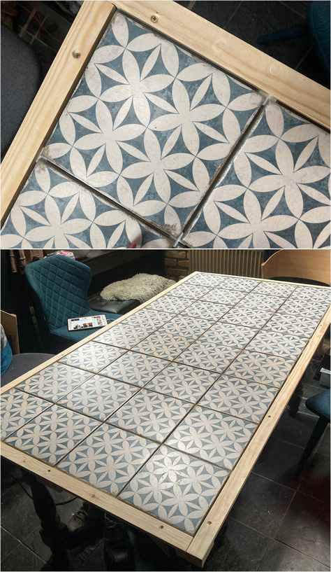 How to tile a dining table DIY using geo blue white tiles Tile Patio Table, Mosaic Patio Table, Diy Garden Table, Mosaic Tile Table, Tile Top Tables, How To Tile, White Porcelain Tile, Diy Table Top, Coffee Table Makeover