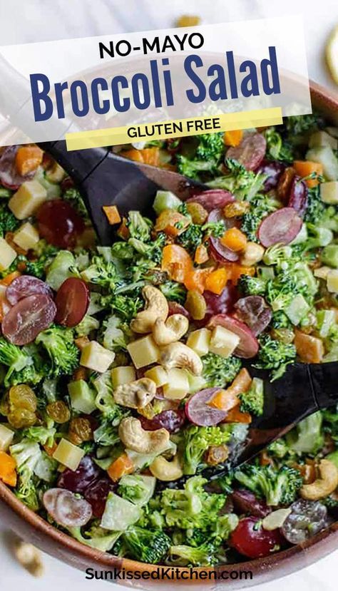 Healthy Broccoli Salad No Mayo, Mayo Free Broccoli Salad, Brocolli Salad Without Mayo, Salads Without Mayonnaise, No Mayo Broccoli Salad Recipe, No Mayo Salads Summer, Broccoli Salad Without Mayonnaise, No Mayo Salads, Broccoli Salad No Mayo Dressing