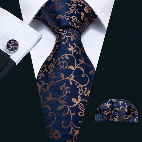 New Blue Golden Floral Silk Necktie Pocket Square Cufflinks Set Ties Mens Fashion, Gold Paisley, Necktie Set, Mens Silk Ties, Wedding Clothes, Cufflink Set, Fashion Suits, Formal Business, Mens Dress