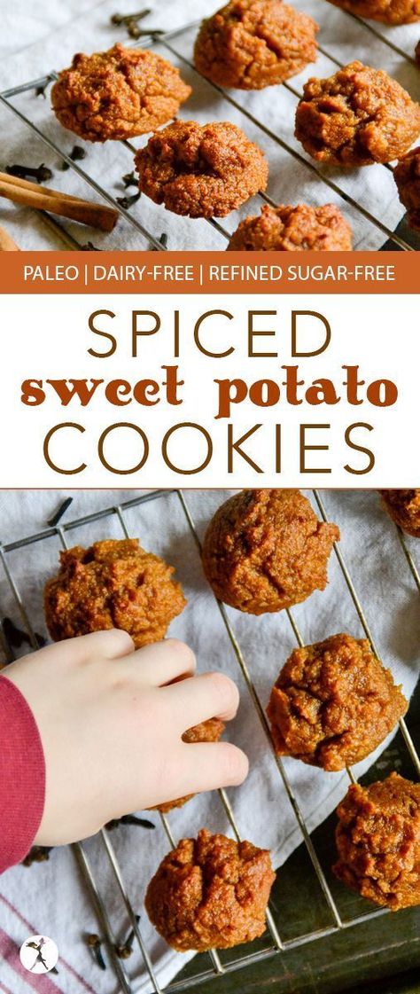 Looking for a cookie that is sweet and healthy at the same time? Give these Spiced Paleo Sweet Potato Cookies a try! They're even a hit with non-sweet-potato-lovers! Primal Desserts, Potato Cookies, Sweet Potato Cookies, Sweet Potato Dessert, Paleo Menu, Best Paleo Recipes, Delicious Paleo Recipes, Paleo Cookies, Paleo Baking