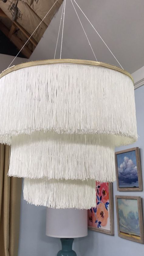 DIY Fringe Chandelier | From Scratch With Maria Provenzano Diy Fringe Chandelier, Ribbon Chandelier, Diy Fringe, Fringe Chandelier, Diy Lampshade, Chandelier Diy, Chandelier Ideas, Dollar Signs, Beaded Lampshade