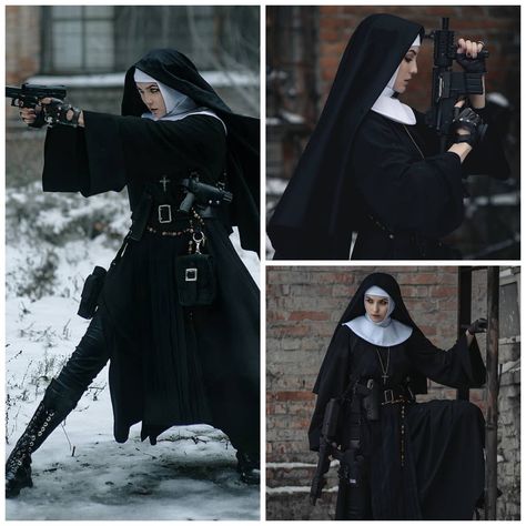 Nun Core Aesthetic, Nun Gunslinger, Battle Nun Character Design, Nun Assassin, Nun Outfit Drawing, Nun And Priest Costume, Warrior Nun Aesthetic, Nun Character Design, Battle Nun