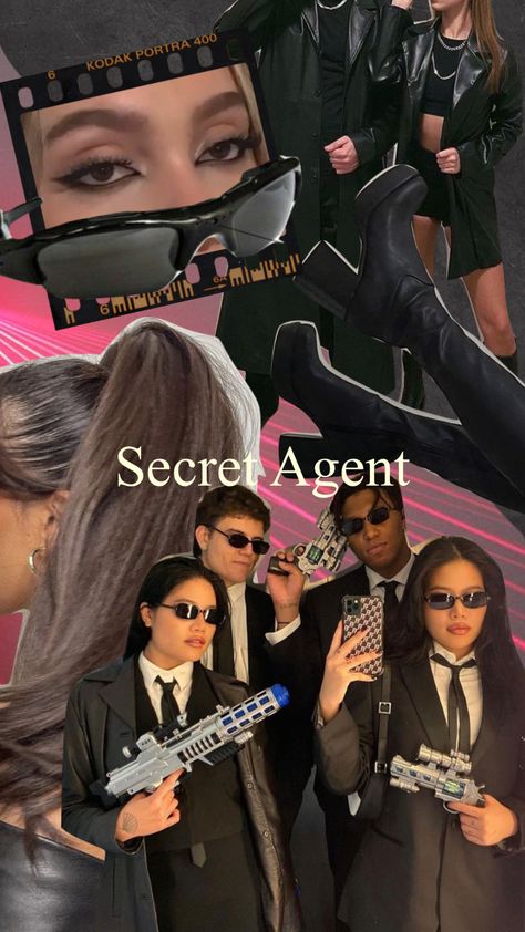 Agents Halloween Costumes, Spy Agent Costume, Spy Group Costume, Spy Costume Men, Easy Black Costume Ideas, Secret Spy Outfit, Secret Spy Costume, Mib Agent Costume, Teenage Spy Aesthetic