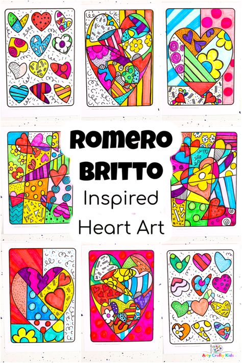 Romero Britto Valentines Art, Valentines Kids Art Projects, Romeo Britto Art, Valentine Art For Kids Elementary, Heart Lessons For Kids, Art Inspiration For Kids, Heart Art Projects For Elementary, Valentines Art Projects Elementary, Romero Britto Art Projects For Kids