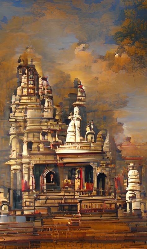 Ganga Ghat Painting, Temple Painting Indian, Ram Mandir Painting, Mandir Painting, Ganga Ghat, Watercolor Indian, Temple Drawing, Indian Traditional Paintings, Poster Color Painting