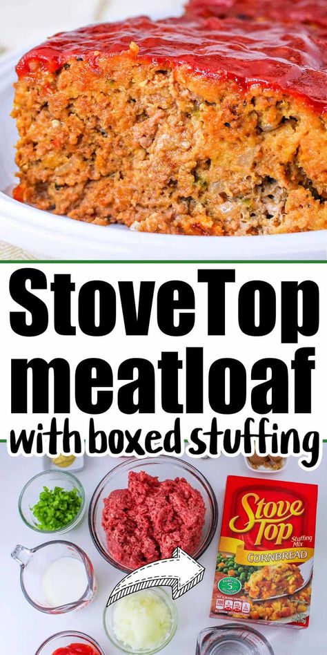 Meatloaf with Stovetop Stuffing recipe! A twist on the classic comfort food, this meatloaf is made with flavorful Stovetop stuffing mix, adding a delicious texture and seasoning to every bite. Easy to prepare and bursting with comforting flavors, it's a hearty dish that's sure to become a family favorite. Meatloaf Using Stuffing, Meatloaf Made With Stovetop Stuffing, Meatloaf Recipes Using Stovetop Stuffing, Meatballs Using Stove Top Stuffing, Meatloaf Made With Stuffing Mix, Meatloaf Made With Stuffing Recipe, Meatloaf With Stuffing Mix In It, Meatloaf Recipes Stuffing, Ground Beef Stove Top Stuffing Recipes