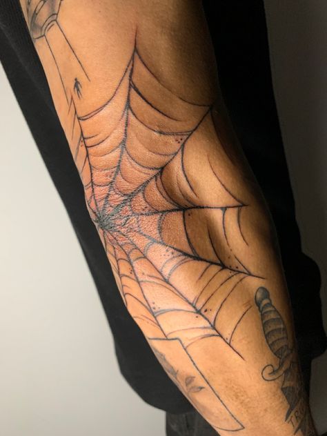 Spider Tattoo Patchwork, Spider Webs Tattoos, Spiderweb Filler Tattoo, $b Tattoo Ideas, Mens Spider Tattoo, Spooky Spine Tattoo, Men Spider Tattoo, Elbow Spiderweb Tattoo, Spider's Web Tattoo