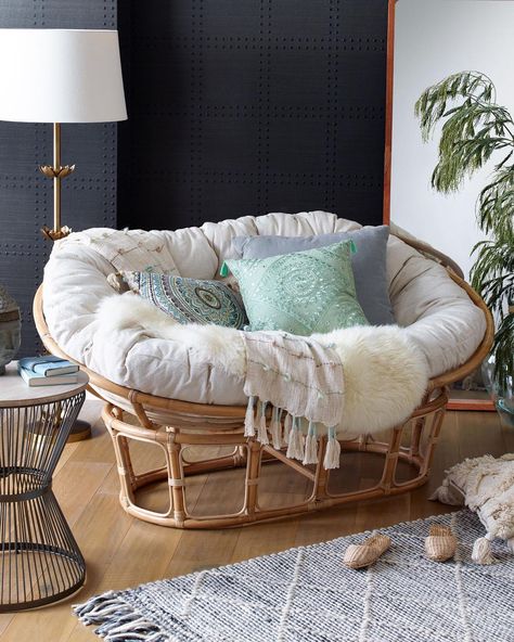 World Market on Instagram: “Double up on relaxation! Our NEW Double Papasan Chair offers ample room to curl up, spread out or cuddle. (link in profile to shop)…” Papasan Chair Living Room, Nap Nook, Papasan Chair Frame, Double Papasan Chair, Upholstered Chaise Lounge, Upholstered Chaise, Papasan Chair, Bohemian Living Room, Comfy Chairs