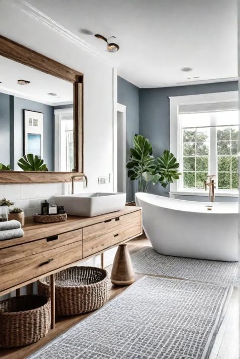 A coastal bathroom with bright white walls a natural wood vanity and Blue And Natural Wood Bathroom, Nature Inspired Bathroom Ideas, White And Natural Wood Bathroom, Blue And Wood Bathroom, Wood Vanity Bathroom Ideas, Bright White Walls, White Tile Paint, Natural Wood Vanity, Lakehouse Bathroom