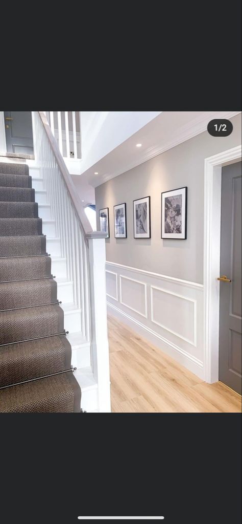 Grey And White Hallway Ideas, Gray Hallway Ideas, Hall Stairs And Landing Decor, Grey And White Hallway, White Hallway Ideas, Victorian Terrace Hallway, Grey Internal Doors, Hallway Gallery, Stair Paneling